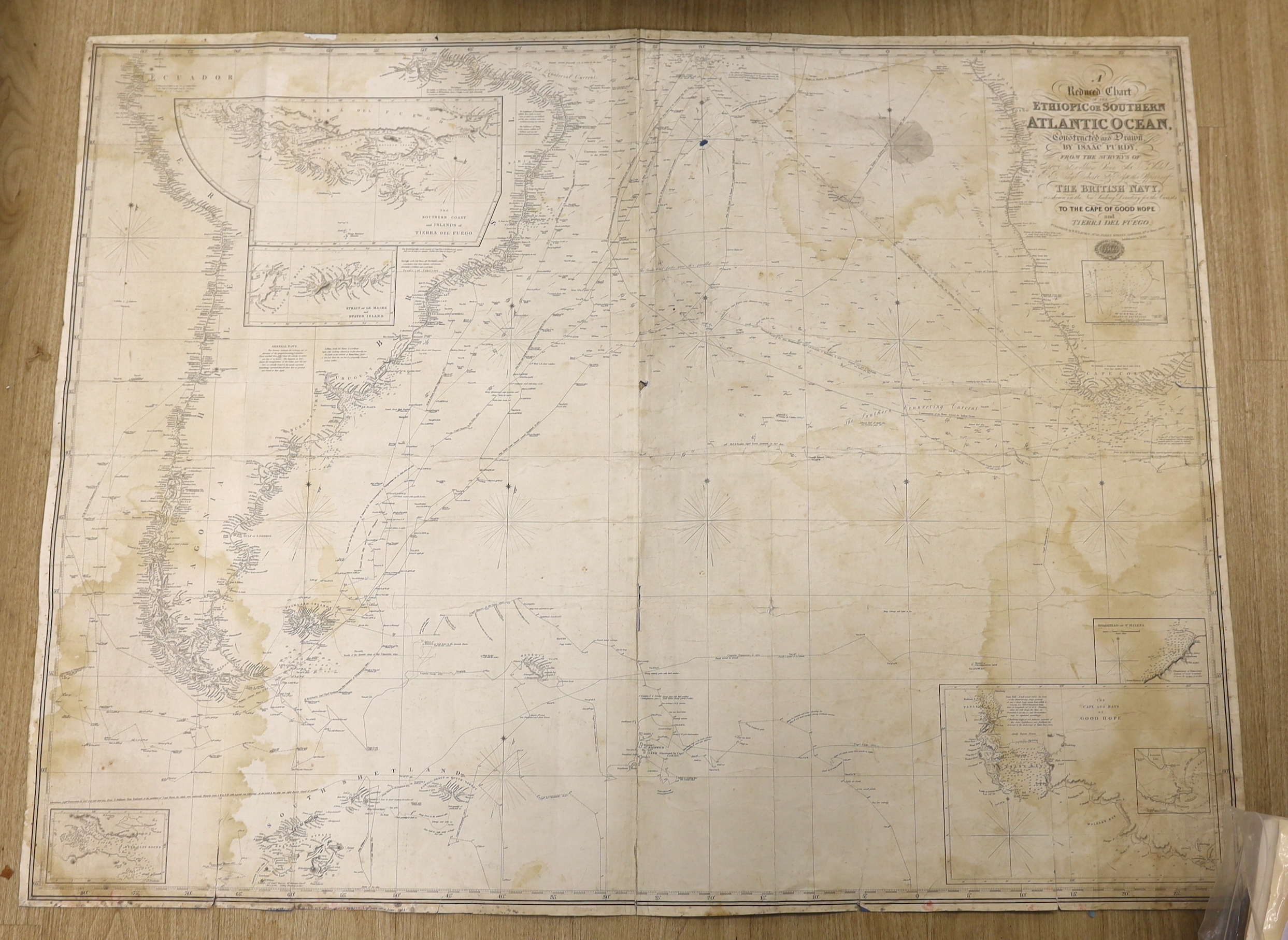 A reduced chart of the Ethiopic or Southern Atlantic Ocean constructed and drawn by Isaac Purdy, British Navy, unframed map, published by R H Laurie, London, 8th June 1840, 125 x 95cm